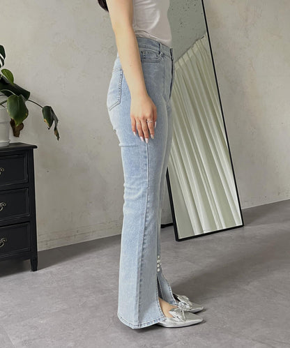 彈力開叉珍珠荷葉邊牛仔褲