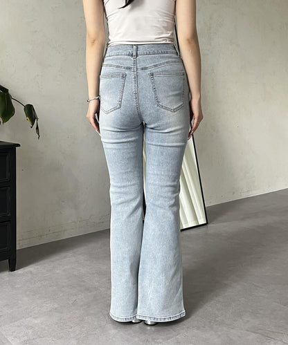 彈力開叉珍珠荷葉邊牛仔褲