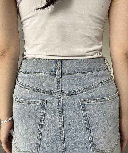 彈力開叉珍珠荷葉邊牛仔褲