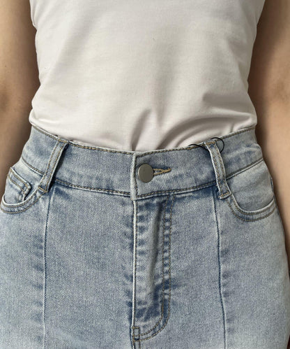 彈力開叉珍珠荷葉邊牛仔褲