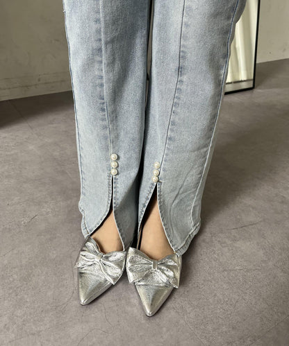 彈力開叉珍珠荷葉邊牛仔褲