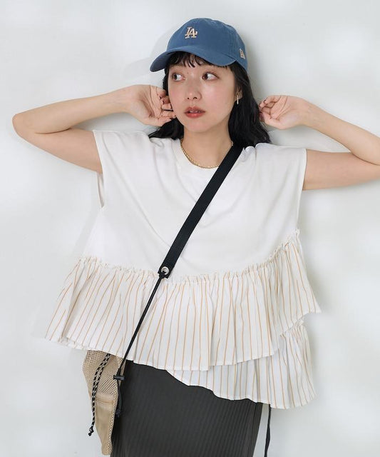 下襬荷葉邊條紋T恤