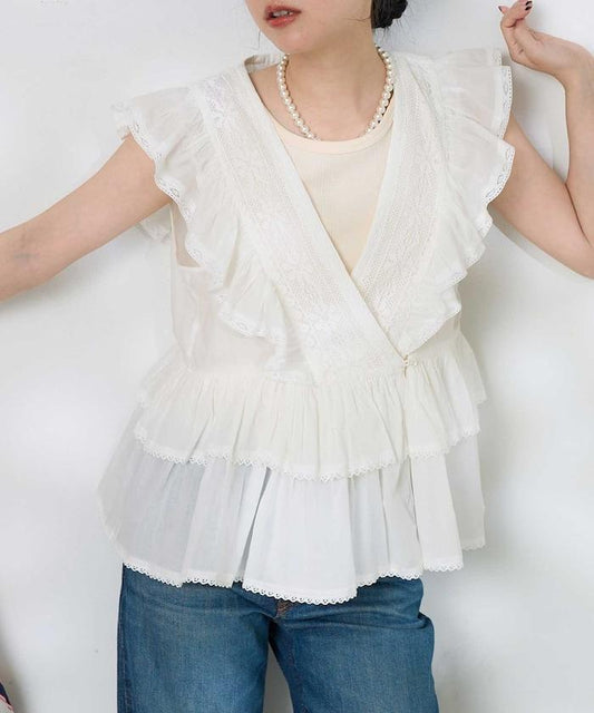 印度無袖蕾絲荷葉邊開襟上衣