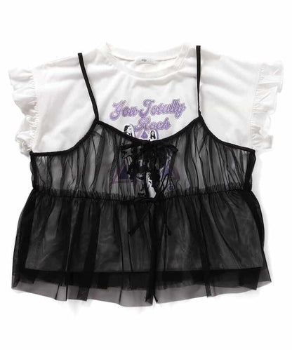 露肩T恤＆蕾絲吊帶套裝