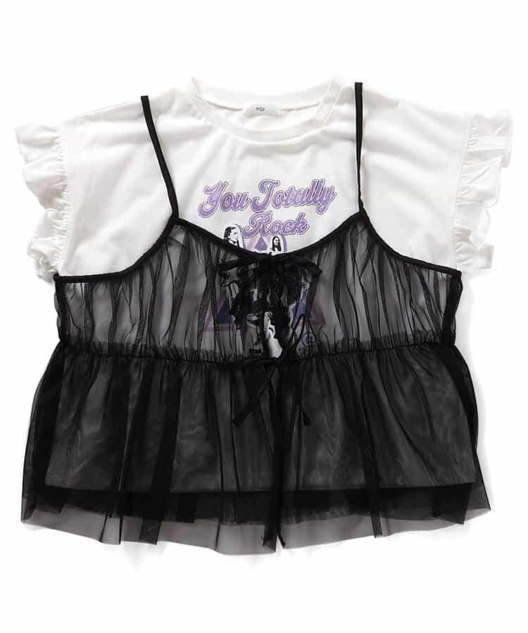 露肩T恤＆蕾絲吊帶套裝