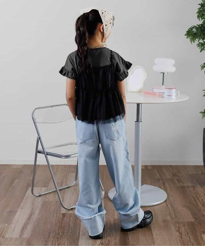 露肩T恤＆蕾絲吊帶套裝