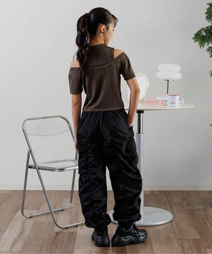 顏料露肩條紋T恤