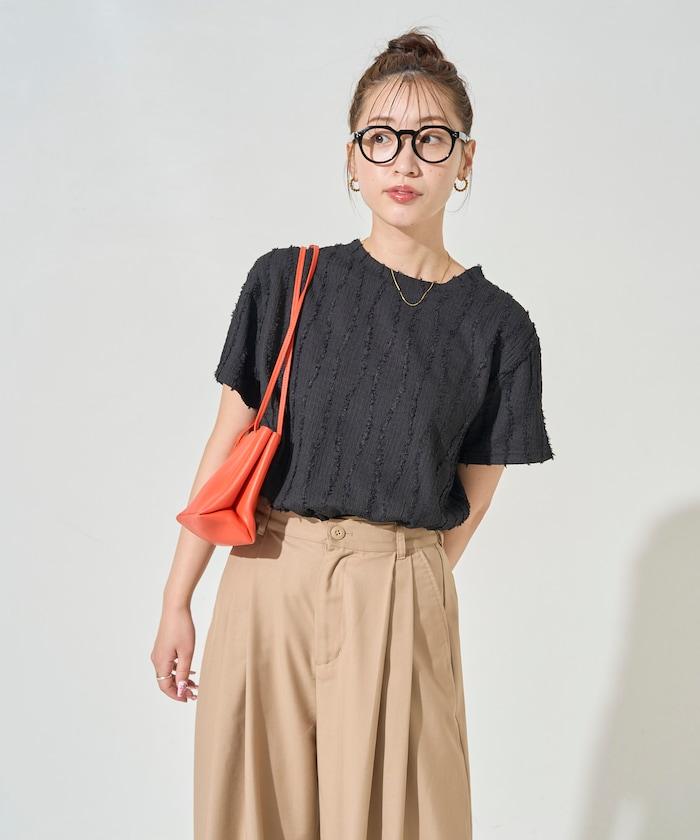 流蘇條紋提花短袖T恤