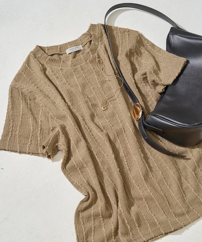 流蘇條紋提花短袖T恤