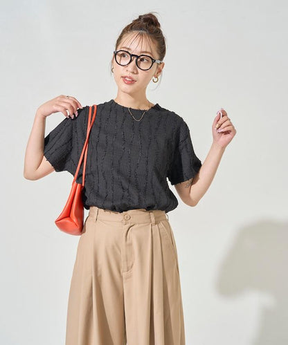 流蘇條紋提花短袖T恤