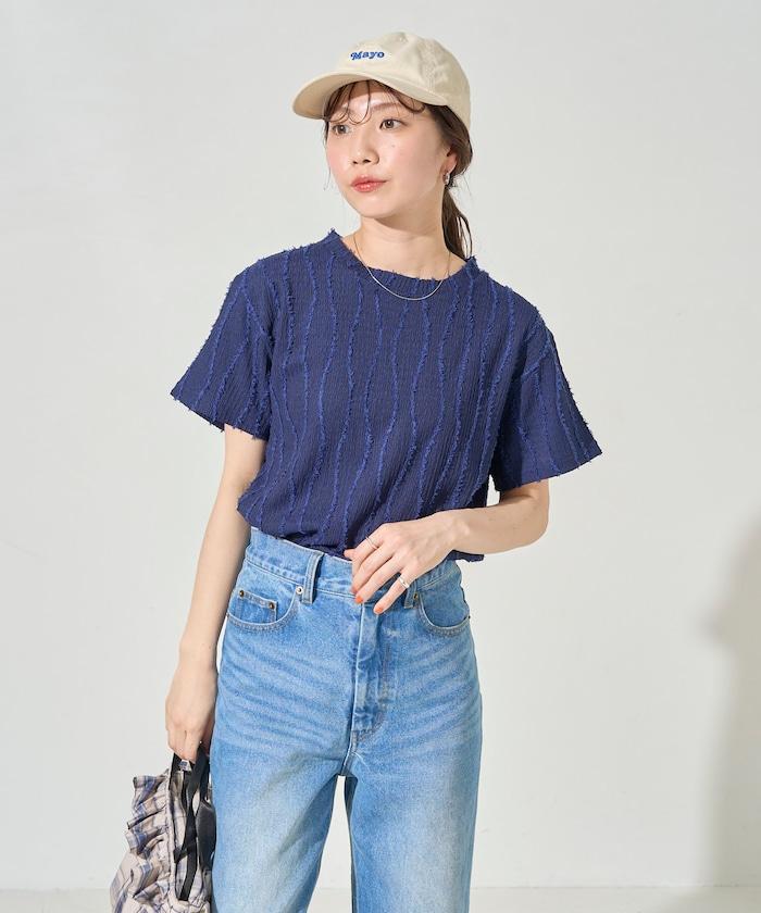 流蘇條紋提花短袖T恤