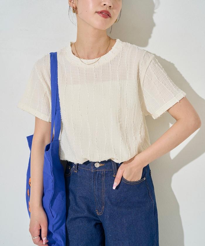 流蘇條紋提花短袖T恤