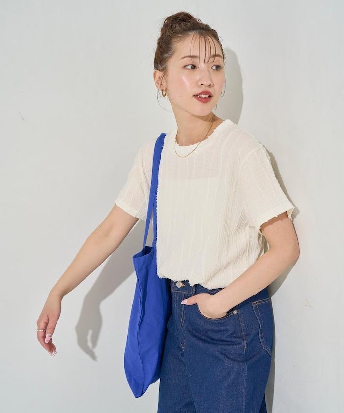 流蘇條紋提花短袖T恤