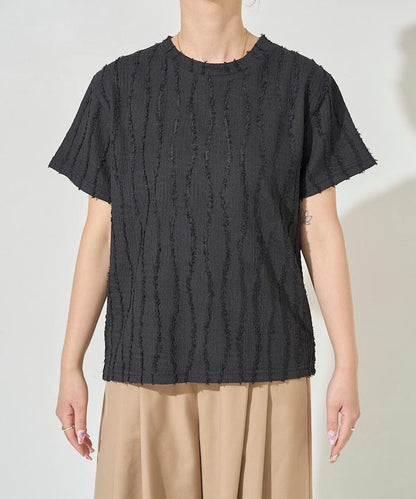 流蘇條紋提花短袖T恤