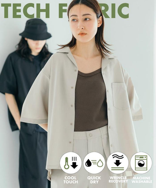 速乾材料 舒適版型 開領襯衫 短袖 亞麻風