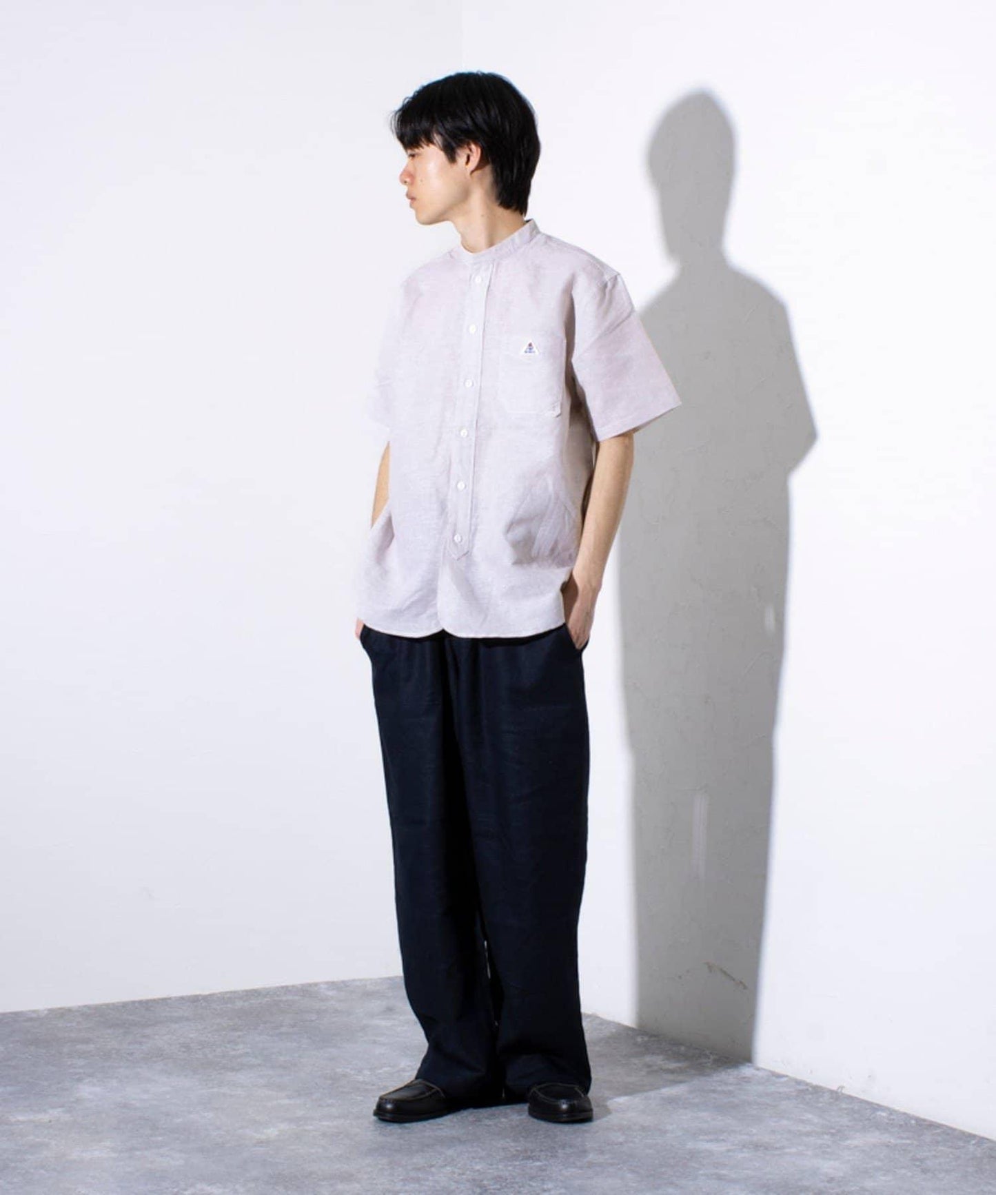 【GEVACO】棉麻 領帶領 半袖襯衫 一點標誌條紋