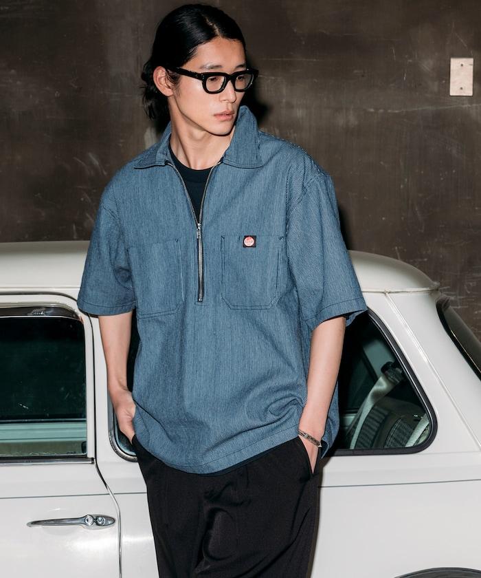 聯名 輕鬆版型 半拉鍊 單標誌 短袖工作襯衫 條紋 格子