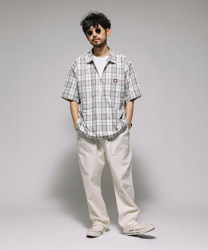 聯名 輕鬆版型 半拉鍊 單標誌 短袖工作襯衫 條紋 格子