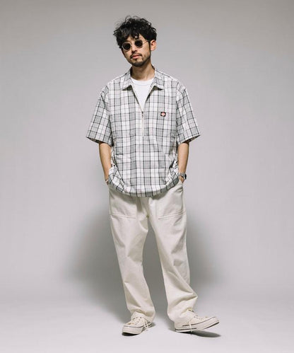 聯名 輕鬆版型 半拉鍊 單標誌 短袖工作襯衫 條紋 格子