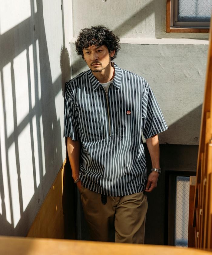 聯名 輕鬆版型 半拉鍊 單標誌 短袖工作襯衫 條紋 格子