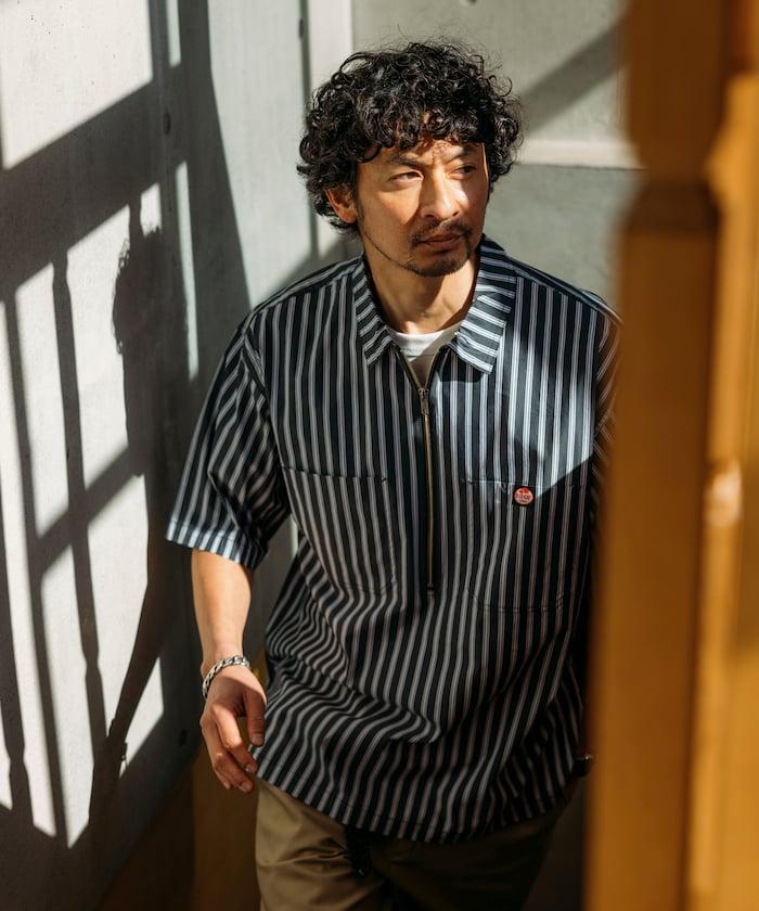 聯名 輕鬆版型 半拉鍊 單標誌 短袖工作襯衫 條紋 格子