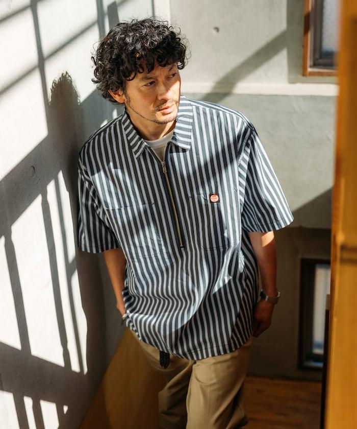 聯名 輕鬆版型 半拉鍊 單標誌 短袖工作襯衫 條紋 格子