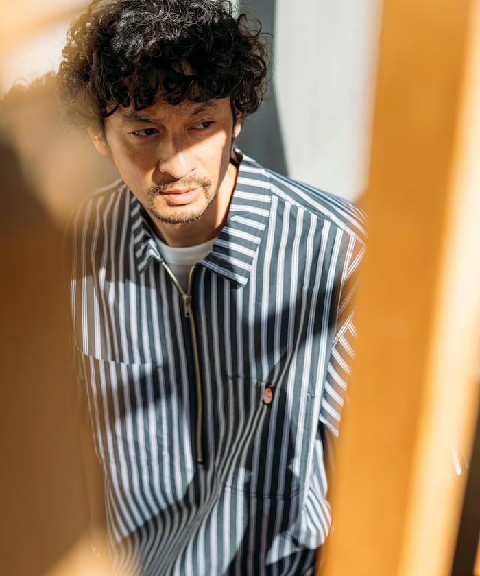 聯名 輕鬆版型 半拉鍊 單標誌 短袖工作襯衫 條紋 格子