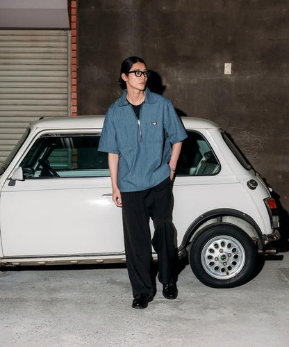 聯名 輕鬆版型 半拉鍊 單標誌 短袖工作襯衫 條紋 格子