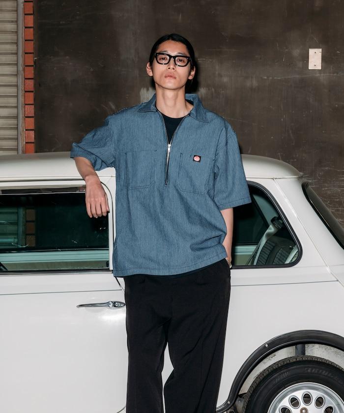 聯名 輕鬆版型 半拉鍊 單標誌 短袖工作襯衫 條紋 格子