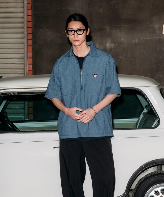 聯名 輕鬆版型 半拉鍊 單標誌 短袖工作襯衫 條紋 格子