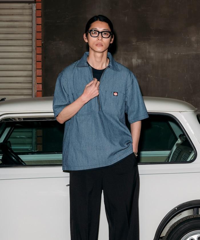 聯名 輕鬆版型 半拉鍊 單標誌 短袖工作襯衫 條紋 格子