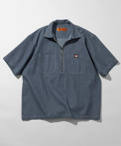 聯名 輕鬆版型 半拉鍊 單標誌 短袖工作襯衫 條紋 格子