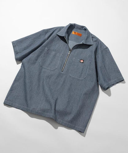 聯名 輕鬆版型 半拉鍊 單標誌 短袖工作襯衫 條紋 格子