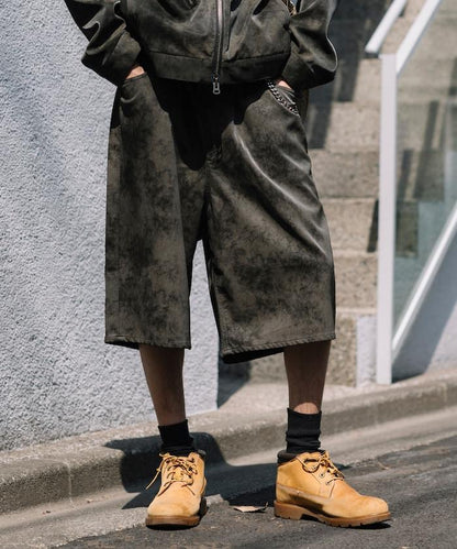 復古風格仿皮寬鬆短褲