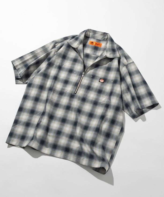 聯名 輕鬆版型 半拉鍊 單標誌 短袖工作襯衫 條紋 格子