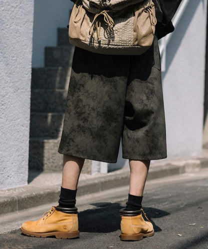 復古風格仿皮寬鬆短褲