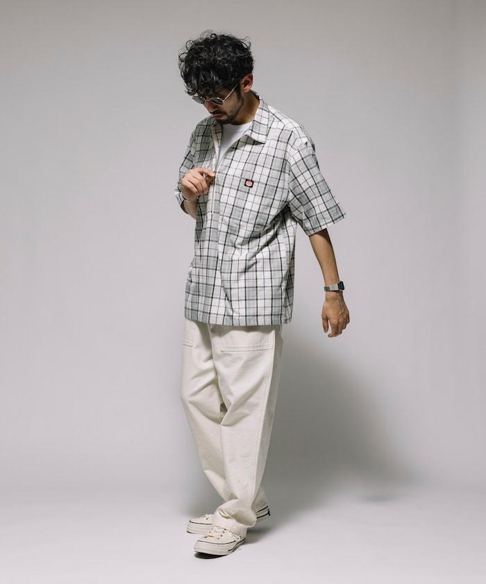 聯名 輕鬆版型 半拉鍊 單標誌 短袖工作襯衫 條紋 格子