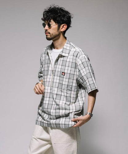 聯名 輕鬆版型 半拉鍊 單標誌 短袖工作襯衫 條紋 格子