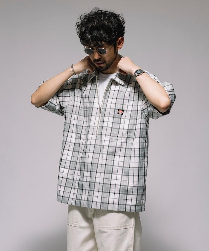 聯名 輕鬆版型 半拉鍊 單標誌 短袖工作襯衫 條紋 格子