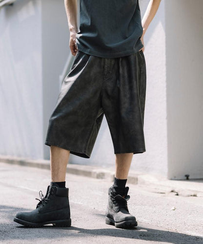 復古風格仿皮寬鬆短褲