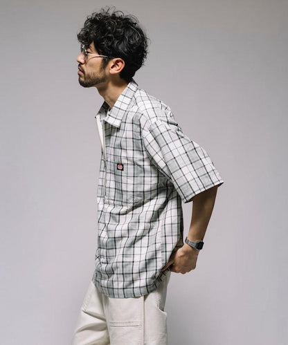 聯名 輕鬆版型 半拉鍊 單標誌 短袖工作襯衫 條紋 格子