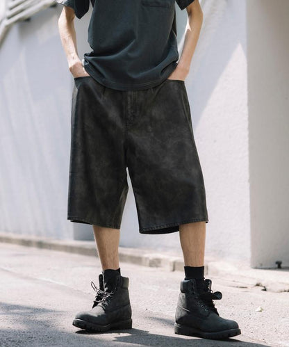 復古風格仿皮寬鬆短褲