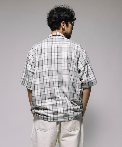 聯名 輕鬆版型 半拉鍊 單標誌 短袖工作襯衫 條紋 格子