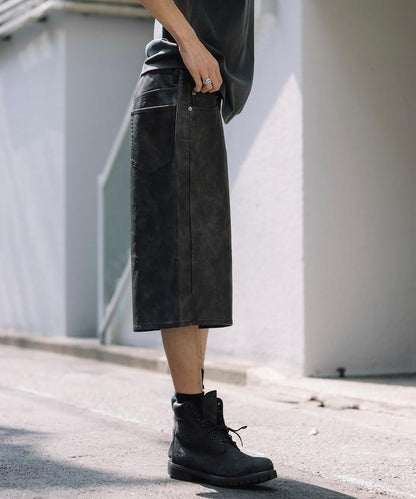 復古風格仿皮寬鬆短褲