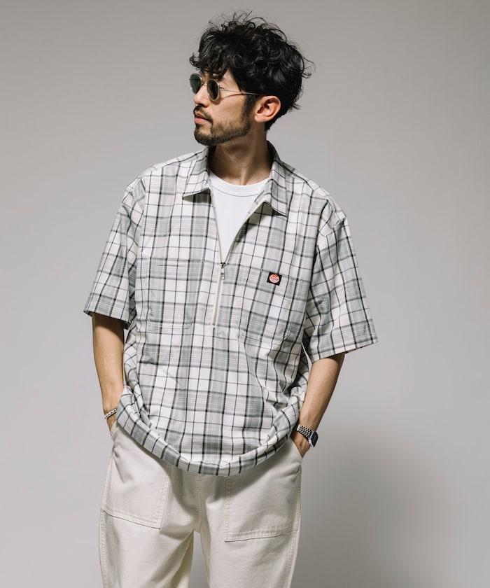 聯名 輕鬆版型 半拉鍊 單標誌 短袖工作襯衫 條紋 格子