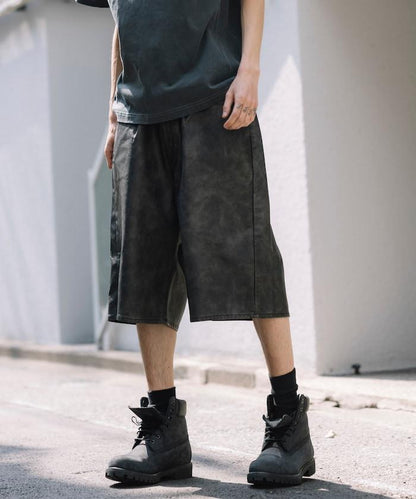 復古風格仿皮寬鬆短褲