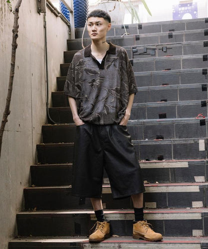 復古風格仿皮寬鬆短褲