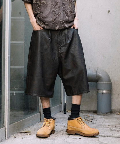 復古風格仿皮寬鬆短褲