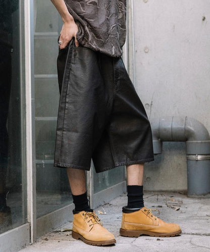 復古風格仿皮寬鬆短褲