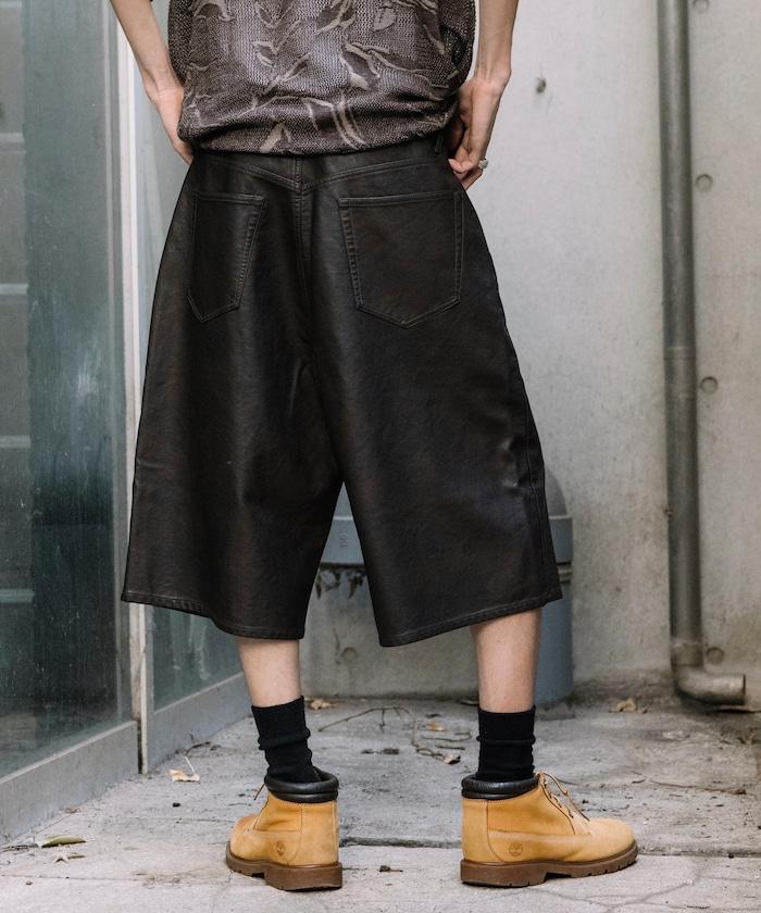 復古風格仿皮寬鬆短褲